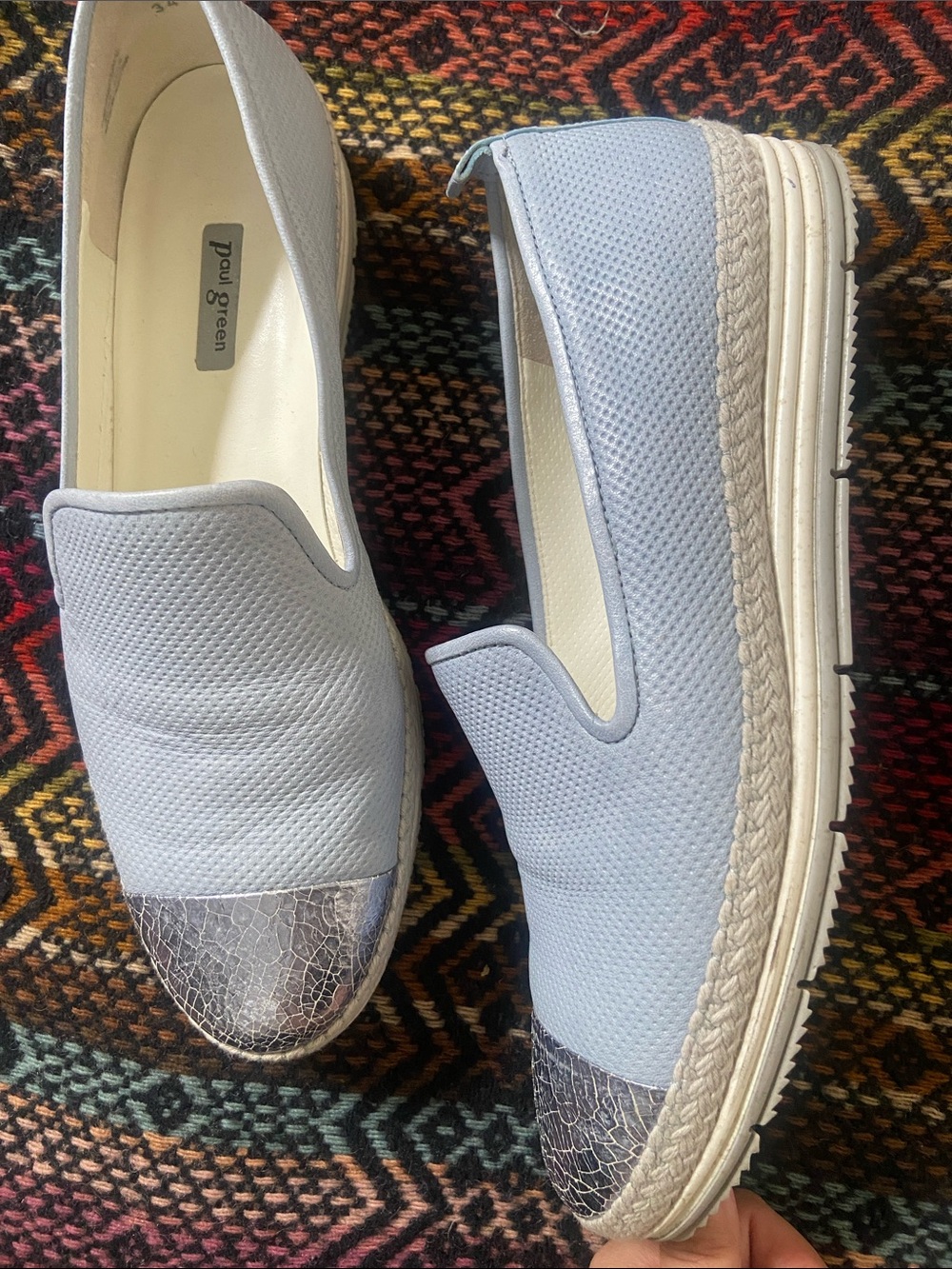 Paul Green Baby Blue Leather Slip-On Flats with Metallic Silver Toe Cap - Picture 7 of 13